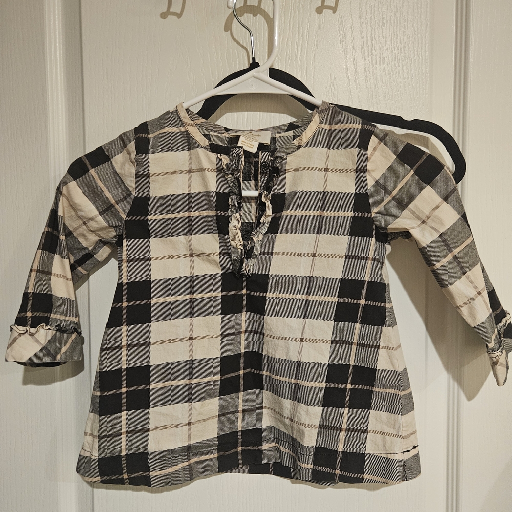 Kate Spade Black Cream Plaid Long Sleeve Peasant Blouse Gold Detail Girls SZ 6